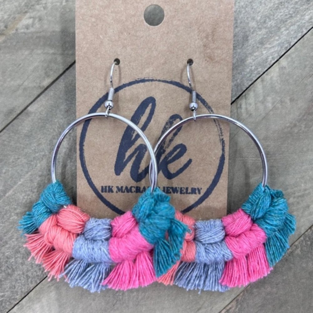 These beautiful macrame fringe earrings were hand knotted with hot pink cotton